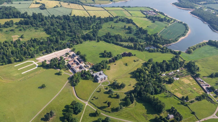 Aerial view of Calke Abbey and Staunton Harold reservoir, Derbyshire